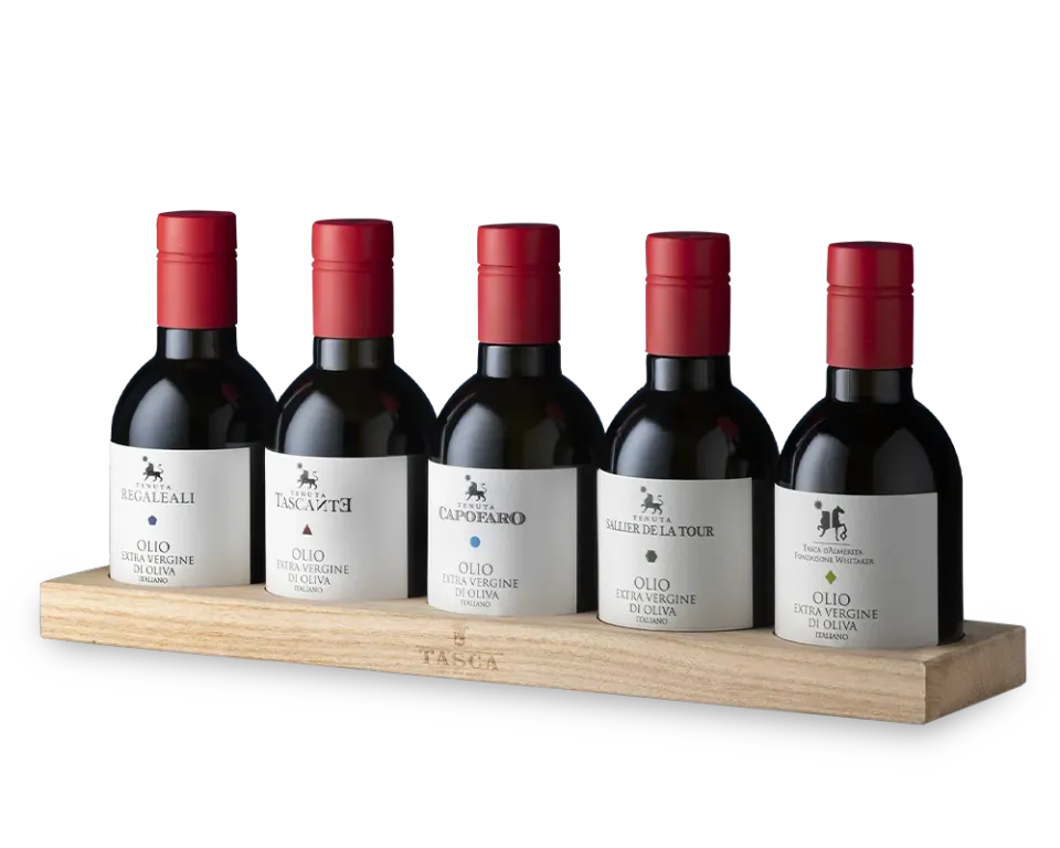 Tasca d'Almerita Oli di Tenuta Olivenöl-Set 5x250ml 2025 Holzbrett